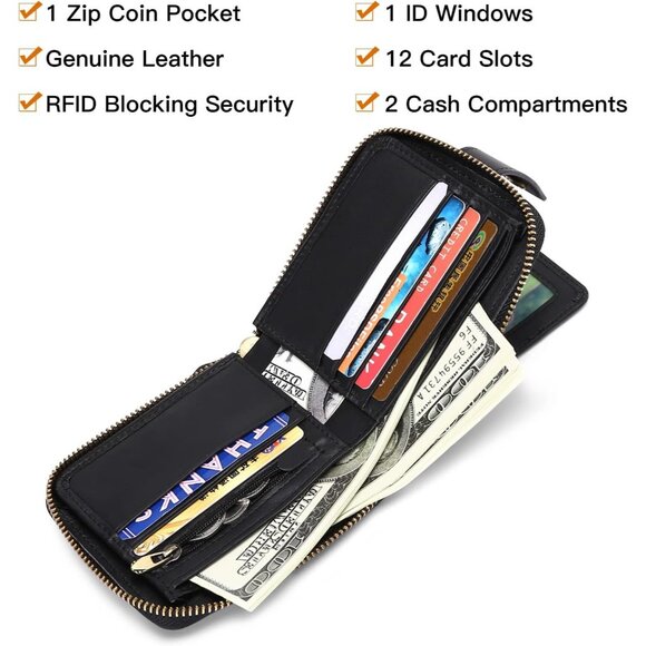 🆕Men's Black Genuine Leather Wallet RFID Blocking Zipper Coin Pocket ID Window - Picture 5 of 6
